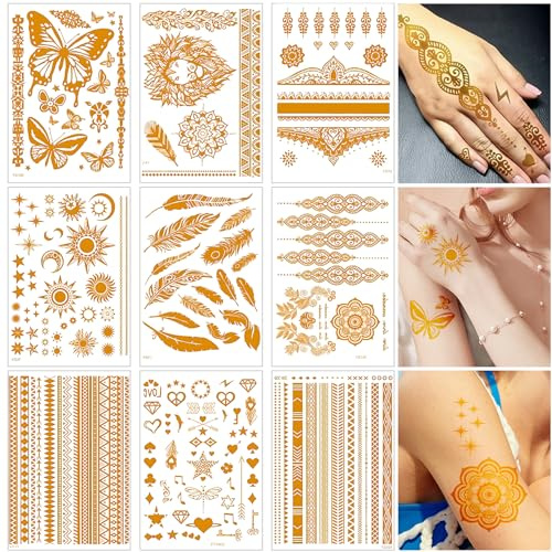 Zasiene Gold Temporäre Tattoos Erwachsene, 9 Blatt Flash Damen Festival Tattoos Zum Aufkleben, Klebetattoos Festival Zubehör, Gesichtstattoo Karneval Glitzer Accessoires Für Party(Stil B)