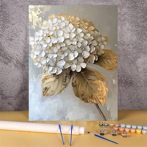 Heaen Malen Nach Zahlen Erwachsene,DIY Weiße Hortensie Handgemalt Ölgemälde Kit für Anfänger und Erwachsene Mit 3-Pinseln und Acrylfarbe für Home Wand Dekor Rahmenlos 50x65cm