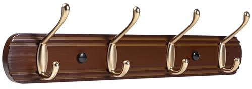 Yundoza Coat Hooks Wall Mounted, Bamboo Wall Coat Racks with 4 Metal Hooks for Hanging Clothes, Towels, Keys, Hats, Bags(Brown&Rose Gold)