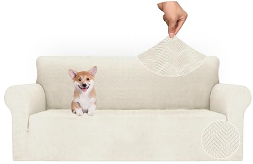 Ystyle Universal Stretch Sofa Überzug 3 Sitzer mit Armlehne, Sahne | Sofabezug Rutschfest, Elastische Couch Überzug Jacquard, Sofa Cover Moderne, Sofaschoner Hund Katze für Wohnzimmer