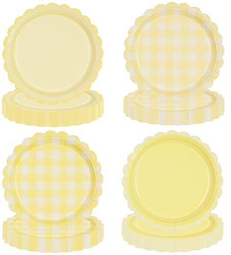 EVYIENEN Lot de 48 platos de papel desechables, amarillos, con borde ondulado, con estampado de cuadros, decorativos, vichy, para fiesta prenatal, bodas y fiestas temáticas