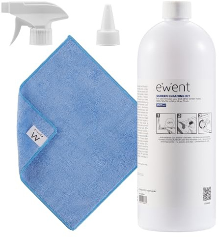 Ewent Reinigungsset für Bildschirme, Smartphone, iPad/Tablet, Brillen, eBook-Reader, Monitore, Touchscreens und TV, 1000 ml Reinigungsspray + Mikrofasertuch (30x30 cm), Streifenfrei und Schlierenfrei