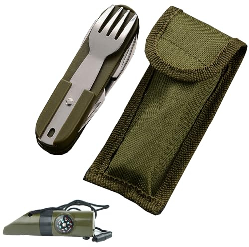 ZhaoCaiWJ Cubiertos Camping Plegables 6 en 1 - Vajilla Multifuncional de Acero Inoxidable Desmontable con Silbato de Supervivencia - Ideal para Acampar, Senderismo y Paquetes de Emergencia