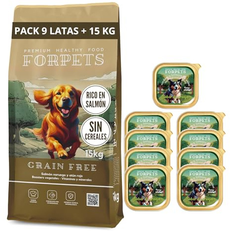 FORPETS Pack Pienso y Comida Húmeda para Perros Grain Free 15KG + 9 Latas 300g Cordero y Ternera, Pienso Hipoalergénico sin Cereales, Alta en Proteínas, Natural y Saludable (15KG + Cordero y Ternera)
