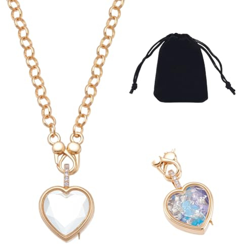 NBEADS Locket Pendant Necklaces, Memory Locket Charms Brass Heart Floating Memory Necklace for Beads Ashes Pet Remembering the People and Things You Love, with Velvet Pouch