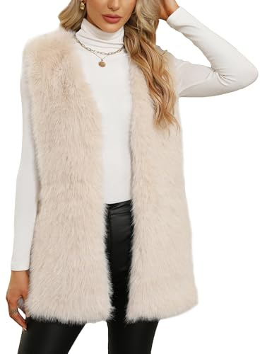 FEOYA Fellweste Damen Elegant Lang Teddy Fleece Weste Kunstpelz Weste Plüschweste Ärmellos Winterjacke Pelzweste Flauschig Cardigan