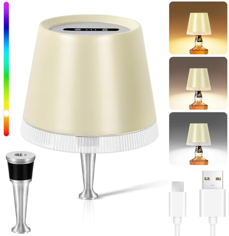 OUTON Flaschenlampe Aufsatz LED Aufladbar mit RGB & 3 Farbtemperaturen, Dimmbares Flaschenlicht mit Touch, 4000mAh Akku, Kabellose Lampe für Flasche mit Lampenschirm, IP54 für Innen/Außen, Beige