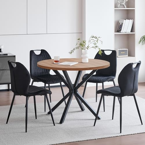GrandCA HOME Juego de Mesa y Sillas de Comedor, Mesa de Comedor Redonda Moderna de 100 CM con 4 Sillas Tapizadas en Lino, Adecuada para Comedores y Cocinas (Negro)