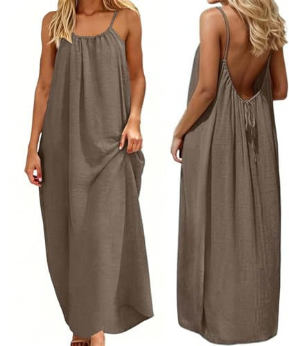 Eahusar Vestidos de verano para mujer, espalda descubierta, tirantes delgados, vestido de verano liso, suelto, largo, para casa, vacaciones, playa, con lazo en la espalda