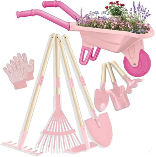 Racocou Barn skottkärra och trädgårdsredskapsset, strandsandleksaker, utomhuspedagogisk låtsaslek, sensorisk träning för förskola,Pink