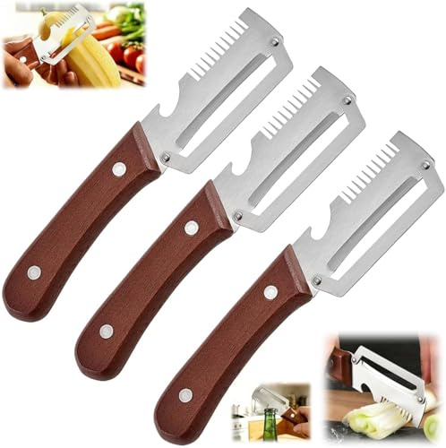 Pelador Verduras Multifunción, 3-in-1 Stainless Steel Wide Blade Potato Peeler with Built-in Scallion Shredder & Bottle Opener Zanahorias Abrir Botellas Vino Sin Esfuerzo (3 Pack)