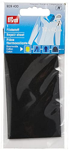 Prym 929400 Flickstoff aufbügelbar – 12 x 45 cm – schwarzer Reparaturflicken aus Baumwolle – selbstklebend mit Bügeleisen – waschbar bis 40 °C – 1 Stück, Schwarz