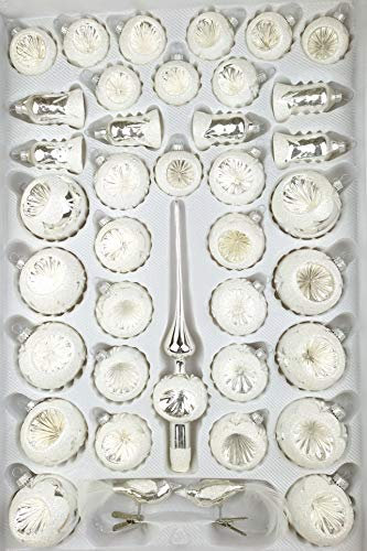 39 TLG. Glas-Weihnachtskugeln Set in Hochglanz-Weiss-Silberne-Ornamente - Christbaumkugeln - Weihnachtsschmuck-Christbaumschmuck