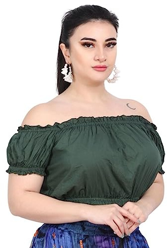 Wevez Women's Puffy Long Sleeve top Tribal Style Summer Cotton Puff Sleeve Crop Top Blouse, Green