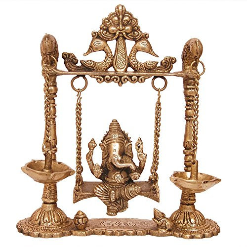 Messing Ganesha Swing mit Öl Lampe mit Pfau Design