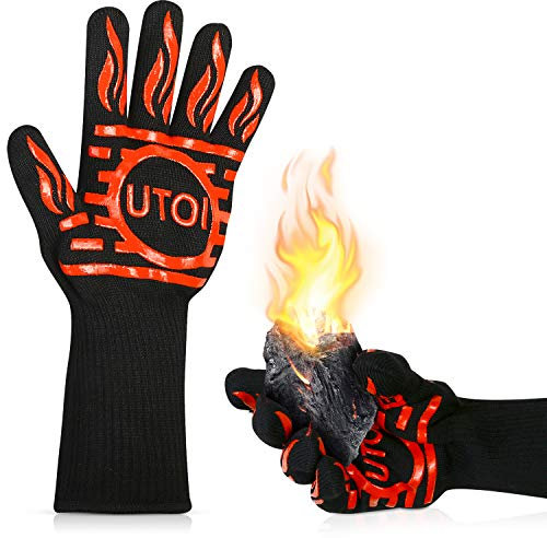 UTOI Guanti da Barbecue Resistenza al Calore Fino a 800°C, Guanti da Forno Antiscivolo per Cucina, Griglia e Camino, Taglia XL, Certificato EN407, 1 Paio, Rosso e Nero