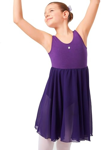 tanzmuster ® Ballettkleid Mädchen ärmellos - Helena - aus weichem Baumwollstoff mit Glitzerstein und Chiffon Röckchen fürs Kinder Ballett Ballettbody, lila, Größe:152/158