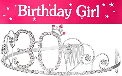 Haarreif Krone + Schärpe Birthday Girl 18. Geburtstag Happy Birthday Kristall Strass Krone Verzierungen Hochzeit Haar Haarband Kamm Stirnband für Frauen
