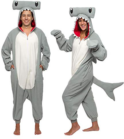 Funziez! Unisex Hammerhead Hai Tier Schlafanzug – Einteiliger Plüsch Neuheit Cosplay Kostüm Jumpsuit für Erwachsene