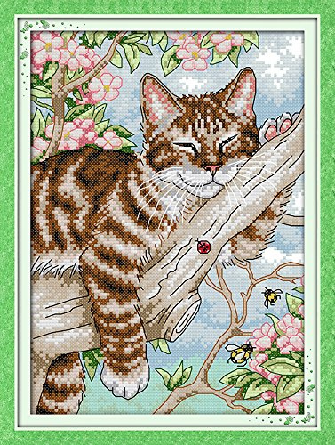 Selbstgestempeltes Kreuzstich-Stickset, komplette Reihe vorgedruckter Starter-Kits für Anfänger - Eine faule Katze in einem Baum 27 x 39 cm
