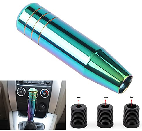 Krtopo Auto Schaltknauf Schalthebel, Universal 13cm Aluminium Automobil Truck Motorsport Manueller Stick Schaltknauf mit 3 Adaptern 8mm/10mm/12mm (Regenbogen Bunt)