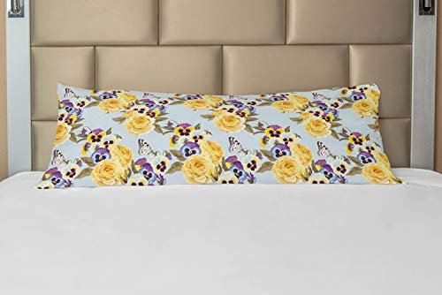 ABAKUHAUS Stiefmütterchen Körper Kissenbezug mit Reißverschluss, Detaillierte Rosen Schmetterlinge, Deko-Akzent Langer Kissenbezug, 53 x 137 cm, Baby Blue Multicolor