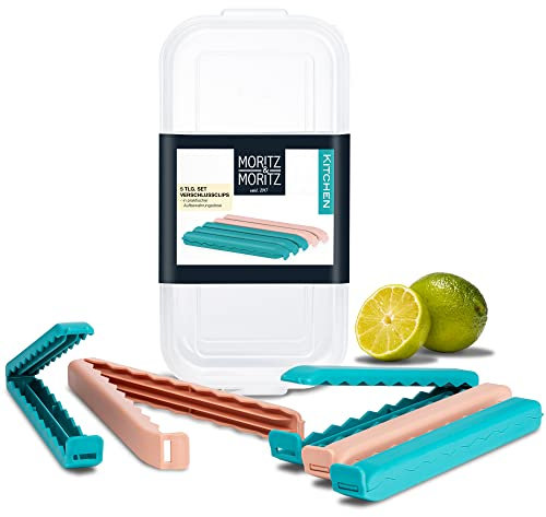 Moritz & Moritz 5X Verschlussclips groß 20 cm mit Aufbewahrungsbox bunt – Gefrierbeutel Clips zur Lebensmittelaufbewahrung –Tütenclips XXL in Klarsichtbox