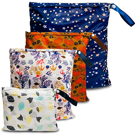 Wet Bag wasserdichte Windeltasche für unterwegs Nassbeutel Kindergarten Wetbag Kindergarten Wäschebeutel Kita Wetbag Stoffwindeln Wäschebeutel Kindergarten Wasserdicht Windeltasche für Baby 4 Set
