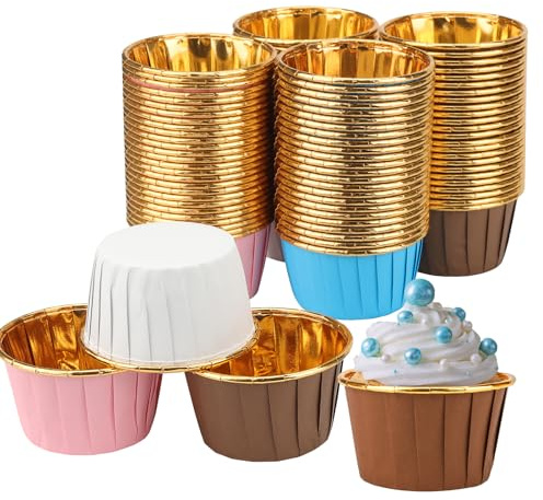 ZEONHEI 200 moldes de aluminio para cupcakes, 4 colores metálicos para pasteles, moldes para magdalenas para hornear, mini moldes para cupcakes de Navidad para fiesta de cumpleaños
