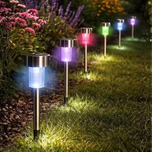 Garden Mile 10pc Stainless Steel Solar Stake Lights Colour Changing Solar Garden Lights Outdoor Waterproof and Durable Driveway Pathway Lighting Stake Light for Flower Beds Planters Borders