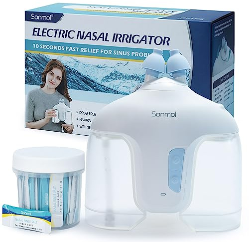 Sonmol Electric Nasal Irrigation System with 50 Salt Packets Nose Wash Deep Cleaning Sinus Rinse Relieve Congestion Runny Nose Itching(White)