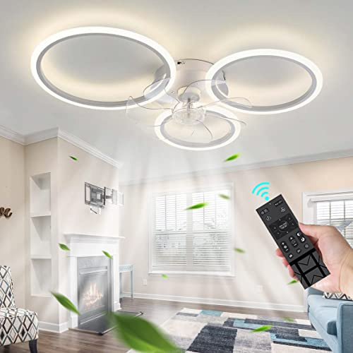 YUNZI 3 Cerchi Design Ventilatore da Soffitto con Luce E Telecomando Camera da Letto LED Dimmerabile Plafoniera con Ventilatore E Timer Reversibile Silenzioso Motore DC 6 velocità per Soggiorno-White