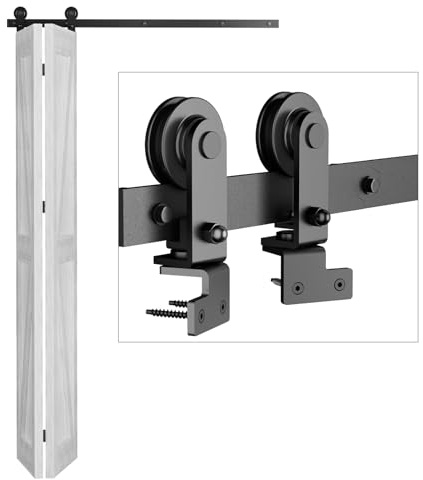 122cm/4FT Bifold Schiebetürbeschlag Schiebetüren Schiebetürsystem Komplettset Laufschiene Rollen Set Schwarz für 2 Holztür 58cm Top Mount T Rad