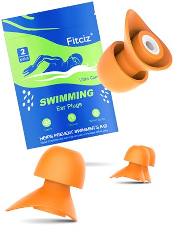 Fitciz Ohrstöpsel Schwimmen Erwachsene - mit Delikat Aufbewahrungsbox - 2 Paare Wiederverwendbare Weich Silikon Ohrenstöpsel Schwimmen - Swimming Earplugs (Orange für Herren)