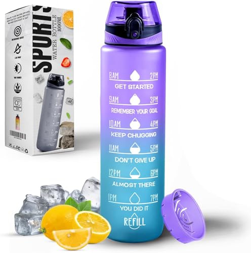 Roe Tenpo Water Bottle 1L, Sports Water Bottle with Time Markings, BPA-Free, Leak-Proof Drinks Bottle, Perfect for Running, Cycling, Gym, Yoga, Camping and Outdoor Activities, Blue-purple