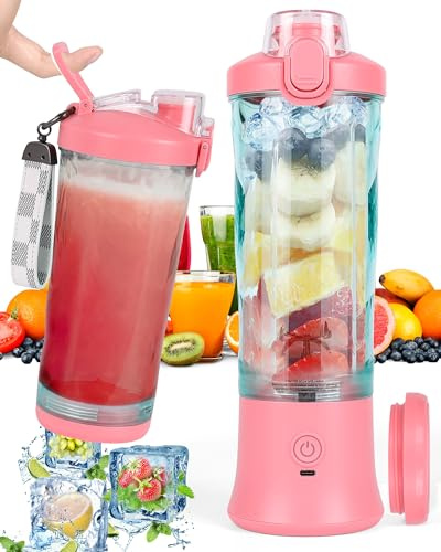 Dreamhigh Mixeur portable 600 ml pour smoothies et milk-shakes, 6 lames, mini mixeur 4000 mAh, peut presser 25 tasses de jus pour bureau, camping et voyages (rose)