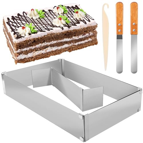 Ezydka Backrahmen Rechteckig Verstellbar, Edelstahl Backform Rechteckig, Wiederverwendbar Backrahmen Eckig Verstellbar mit Teiler, Spatel für Kuchen Torten Pizza Backen und Dekorieren