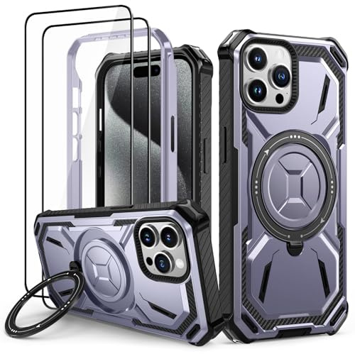 Lanhiem Cover per iPhone 15 Pro Max, 14FT Antiurto, 360° Supporto, Viola | Magnetica, con 2 Vetro Temperato, Militare Rugged Armor Protezione Completa del Corpo, Custodia per iPhone 15 Pro Max