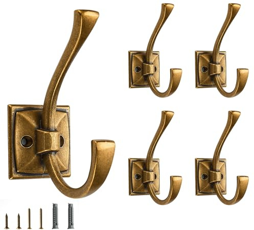 CABDM 5 Pack Decorative Heavy Duty Towel Hooks for Hanging Robe Double Vintage Antique Brass Coat Hooks Wall Mounted with Screws for Key, Towel, Bags, Cup, Hat