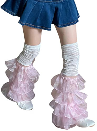 Baynoyia Y2K Sommer Mesh Beinstulpen Japanische Lolita Spitze Beinwärmer Perlen Dec Süße Rüschen Lange Socken Beinabschluss, Weiß, Pink, Einheitsgröße