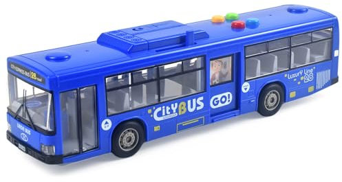 Cemirk Bus Toy for Boys and Girls - with Lights and Sounds, Realistic Tires, Simulated Functional Doors, Friction-Powered Movement, Blue