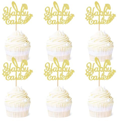 Blumomon 24 Stück Glückliche Ostern Kuchen Topper Gelb Glitter Glückliche Ostern Cupcake Toppers Kaninchen Kuchen Toppers für Ostern Party Kuchen Dekorationen