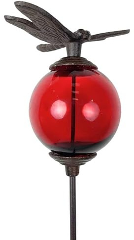 Tuteur Boule Rouge Pic de Jardin Coloré Décoration de Jardin à Planter Motif Libellule en Fonte et Verre 10x10x117cm