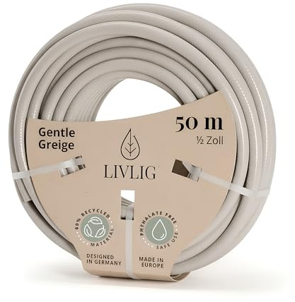 LIVLIG53 Gartenschlauch 50m, Premium Wasserschlauch aus 60 Prozent Recyclingmaterial, UV beständig, knickfest, Design Gartenschlauch 1/2 Zoll in Greige | Schöner Gartenschlauch aus 60% Recyclingmaterial, UV-beständig, formstabil und wetterfest, Schlauch für Gartenbewässerung
