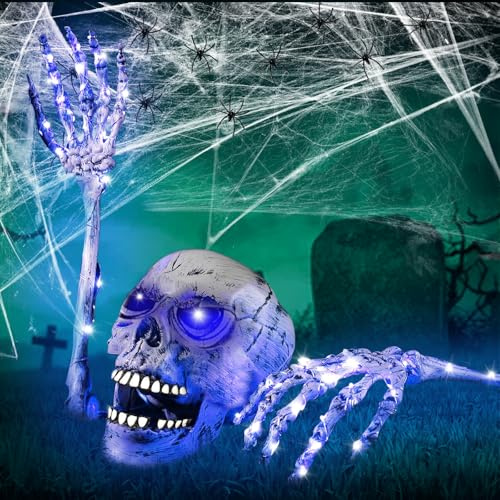Leuchtende Skelett Totenkopf Set, Halloween Dekoration Leuchtende Skelett Hände, LED Halloween Deko Horror Skelett Schädel, Deko von Gartenterrassen für eine Horror Atmosphäre bei Skelett Draussen