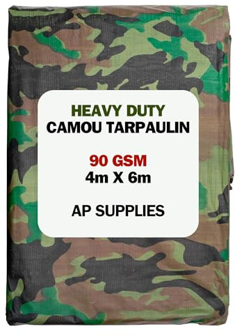 AP Supplies 90gsm Camouflage Tarpaulin 4m x 6m – M-Grade Camo Tarp with Eyelets Every 1m – Lightweight Waterproof Ground Sheet for Camping, Hunting, Garden & Outdoor Cover, Army Green Polyethylene