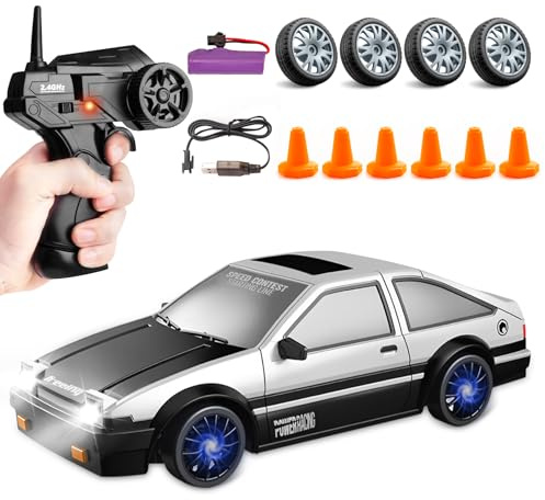 Afenau RC Drift Car, 1:24 Ferngesteuertes Auto Erwachsene mit Beleuchtung, 30km/h, 2,4 GHz, 4WD Rennauto Ferngesteuert, Drift Auto Ferngesteuert für Kinder und Erwachsene ab 6 Jahren (Silber)