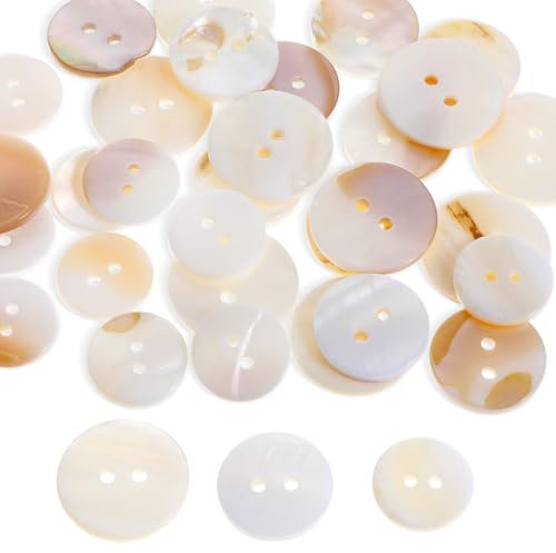 JIEYAO 30 Stück Perlmutt Knöpfe Naturmuschelknöpfe, 15/18/20mm Natürlich Schimmernde Perlmuttknöpfe Weiße Flach Knöpfe Perlmuttknöpfe zum Annähen Hemdknöpfe für Kleidung Handwerk Nähen Scrapbooking