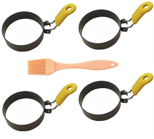Naisfei Egg Ring,4 PCS Stainless Steel Egg Rings Non Stick for Frying, Round Egg Shaper for Frying Pan, Poached Egg Moulds for Fried Eggs, Griddle Egg Circles with Oil Brush,Pancake Rings for Burger