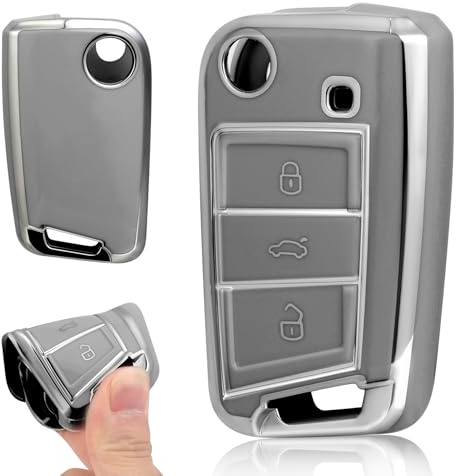 Autoschlüssel Hülle Kompatibel mit VW Golf 7 Polo MK7 Skoda Octavia T1guan A7 Seat Schlüsselhülle Schwarz Silikon Schlüssel Cover Schutz Schlüsselschutz Schlüsselcover mit Schlüsselanhänger (grau)